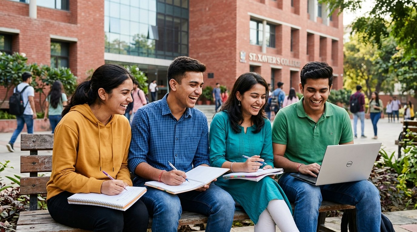 College Shiksha — Indian students studying on campus bench with laptop
